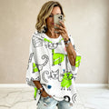 Cartoon Cat Print Hoodie with 3/4 Sleeves & Drawstring