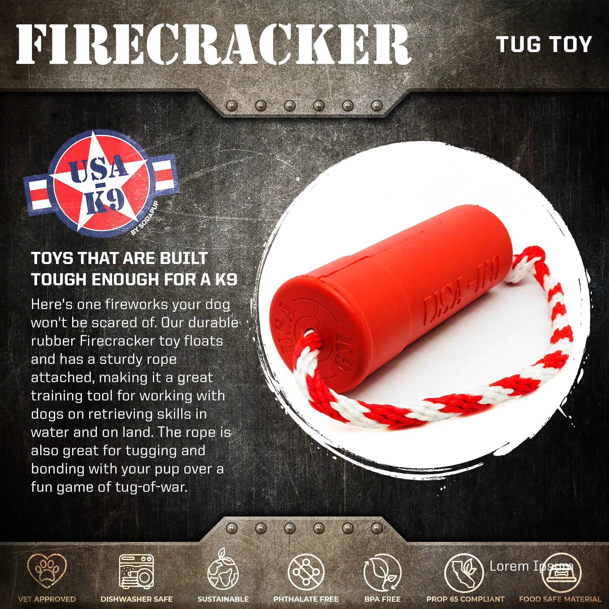 USA-K9 Firecracker Floating Training Dummy | K9 Handler Reward Toy | Red | USA Made