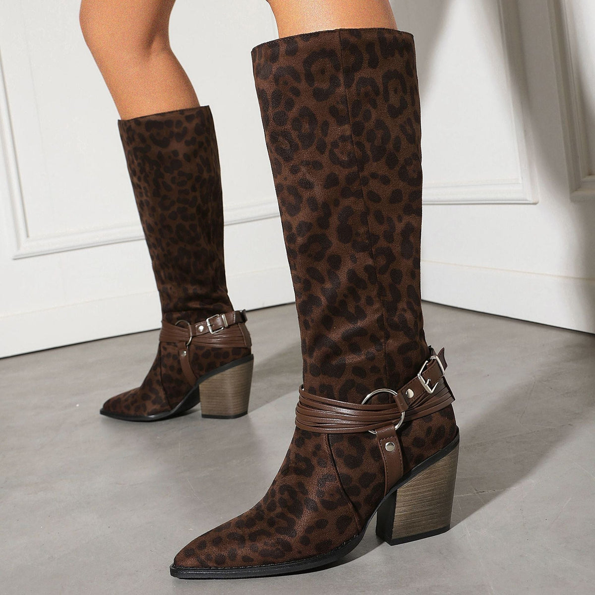Women's Leopard Print Knee-High Western Boots | Chunky Heel & Harness Buckle