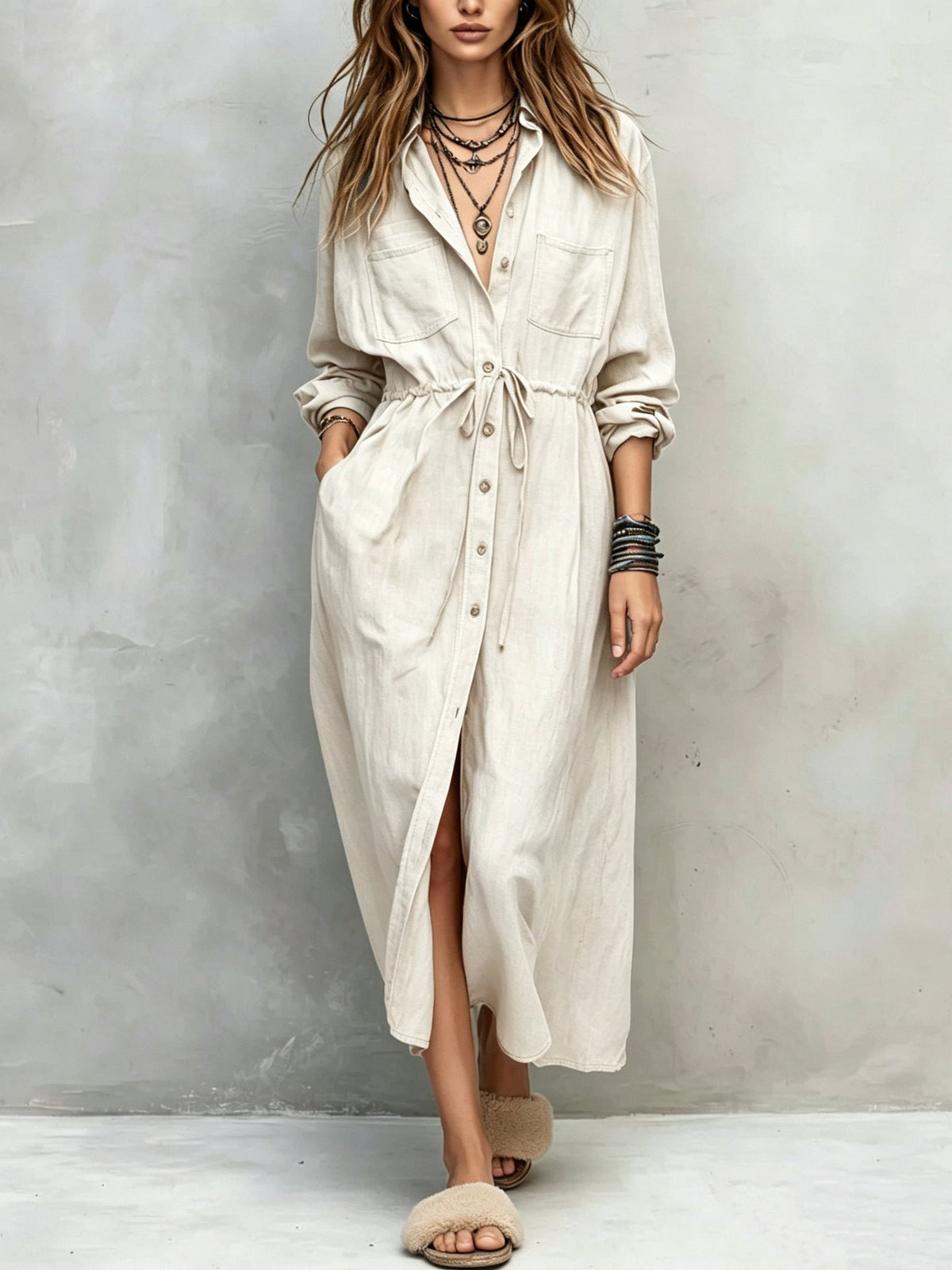 Women's Drawstring Waist Shirt Dress – Long Sleeve A-Line Midi