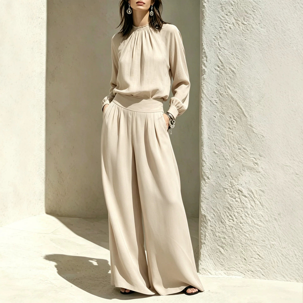 Women's Stand-Up Collar Puff Sleeve Blouse & Wide-Leg Pants Set