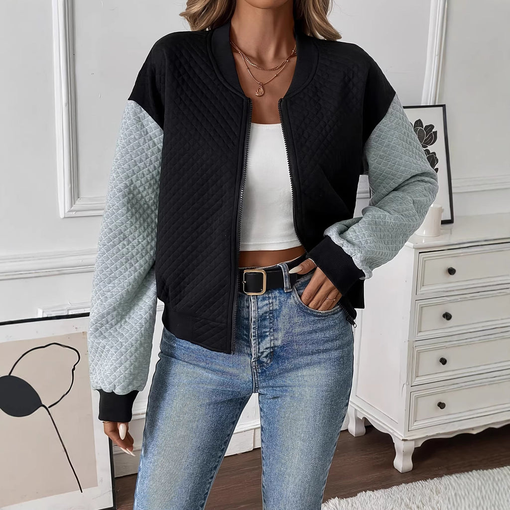 Women’s Color-Blocked Baseball Collar Casual Long-Sleeved Zipper Jacket