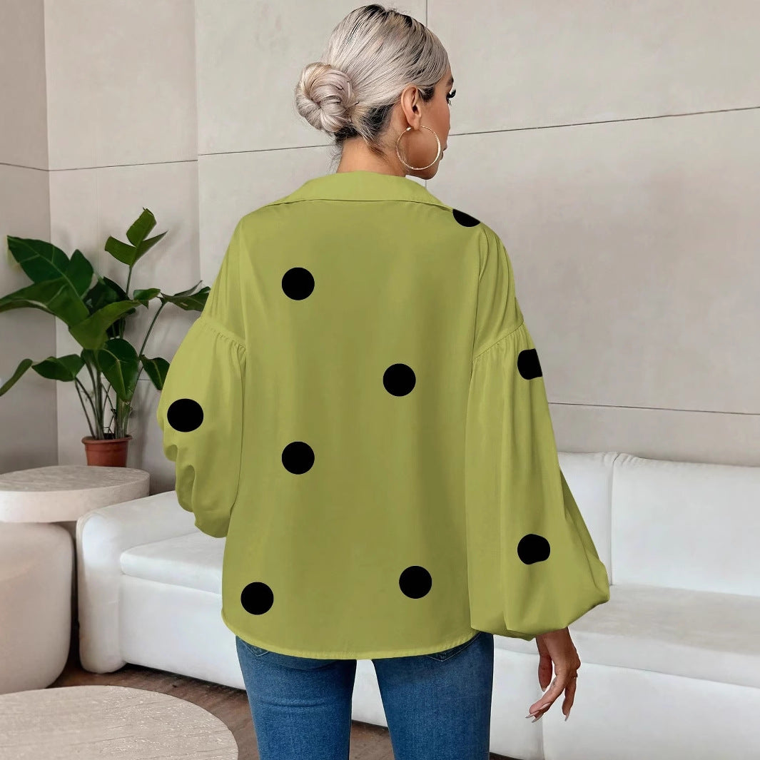 Polka Dot Loose Bubble Sleeve Top – Half-Open Neck Long Sleeve