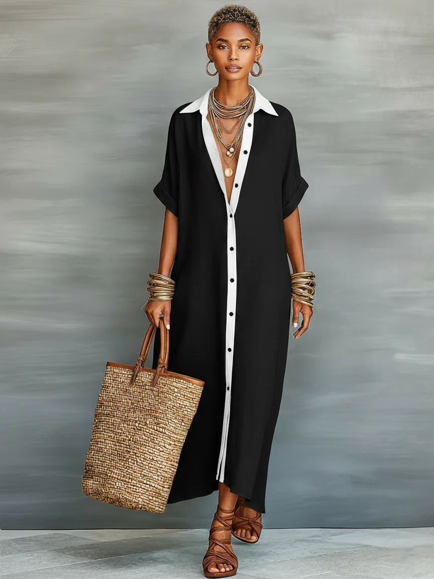 Color-Block Shirt Maxi Dress – Women's Loose Button-Front Long Dress with Contrast Collar