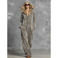 Leopard Print Petal Sleeve Hooded Wide Leg Jumpsuit