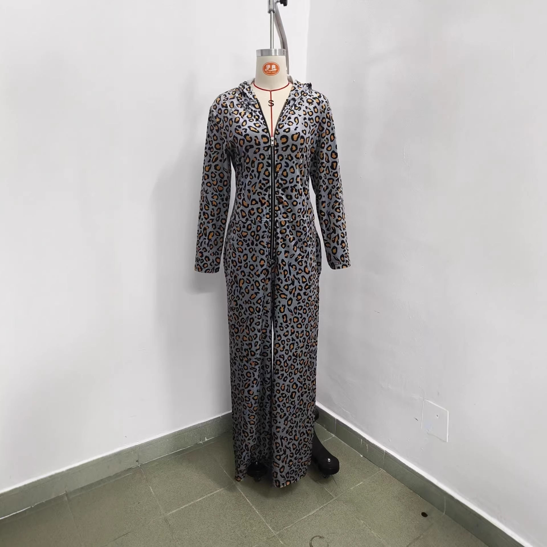 Leopard Print Petal Sleeve Hooded Wide Leg Jumpsuit