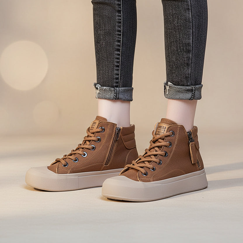 Women's High-Top Genuine Leather Vintage Flat Sneakers