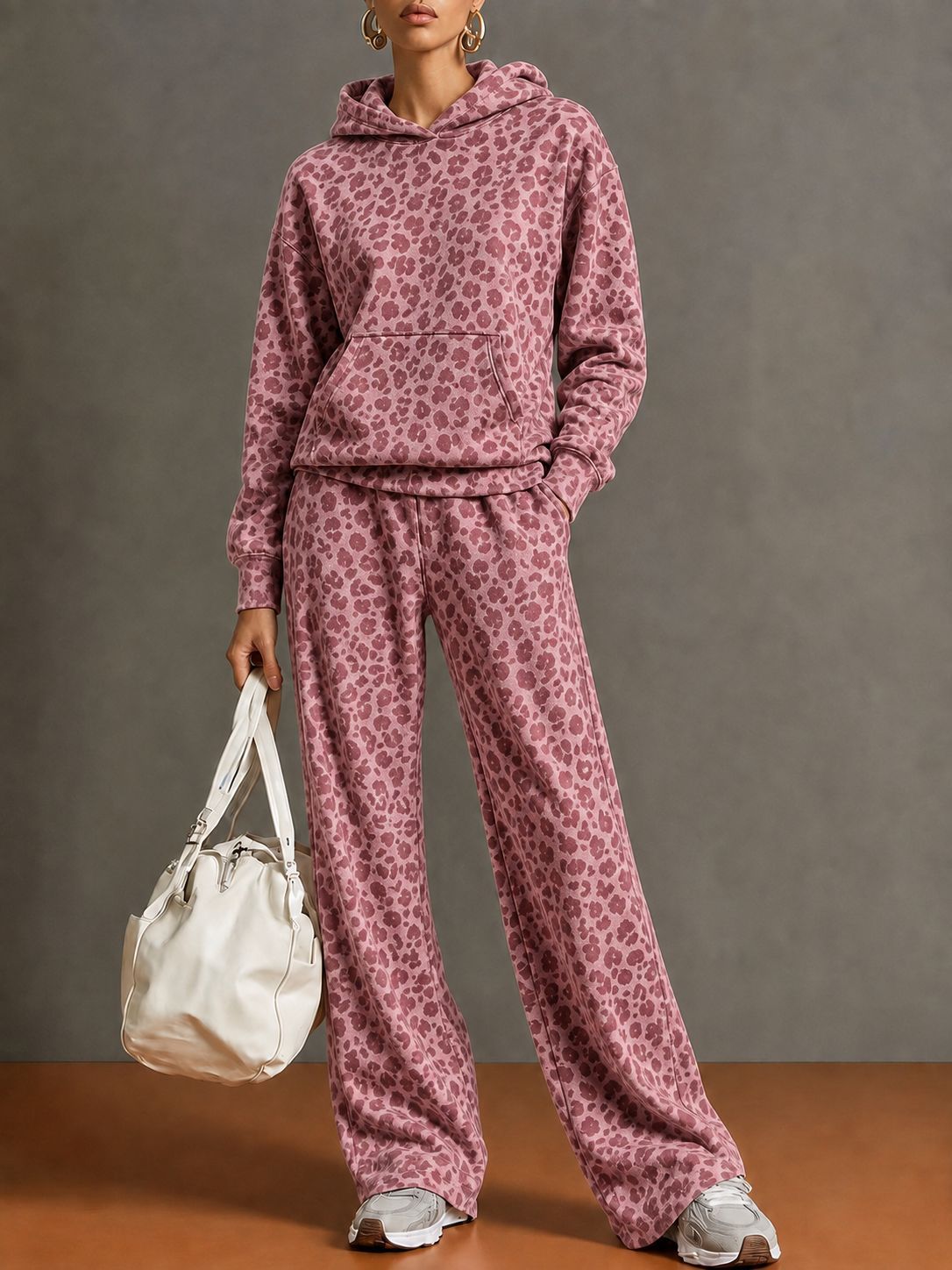 Women's Leopard Print Hoodie & Wide-Leg Pants Two-Piece Set