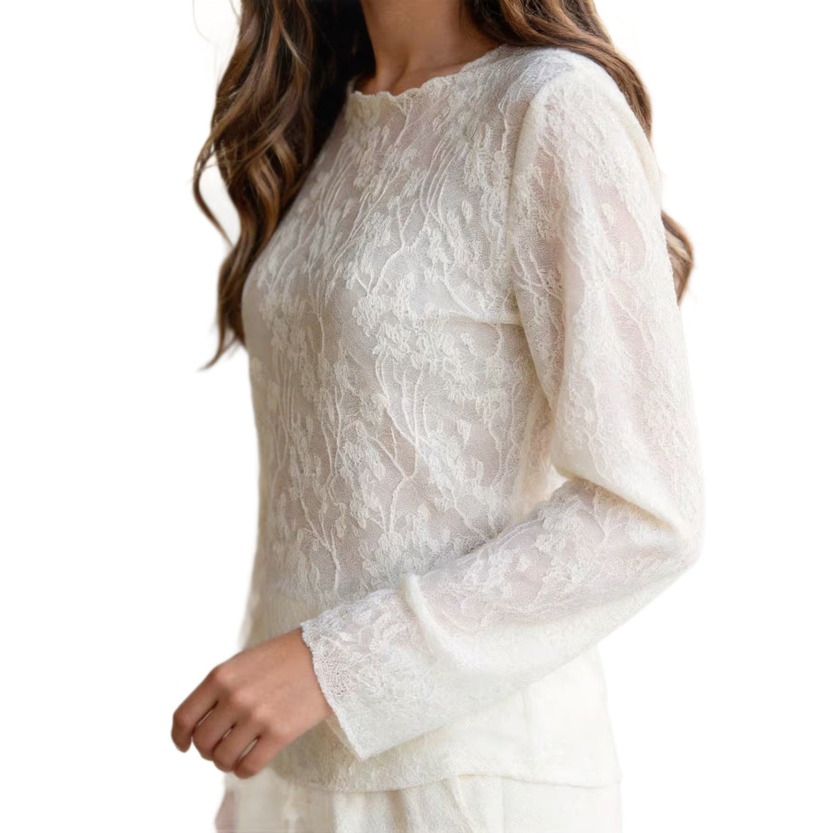 Women's Lace Trim Round Neck Long-Sleeve Top – Elegant Slim Fit