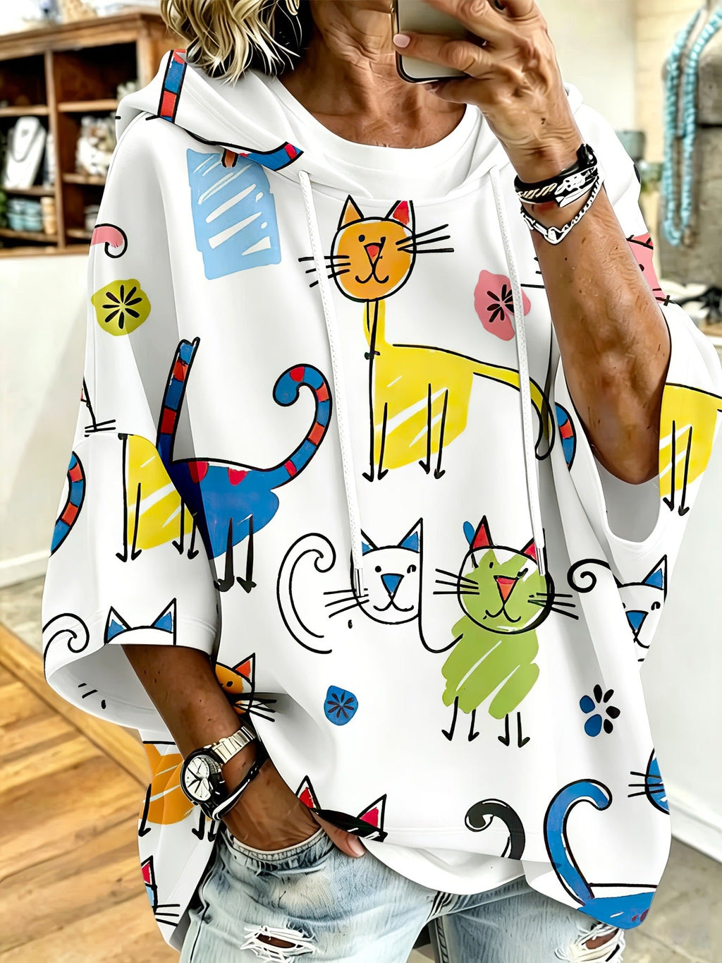 Cartoon Cat Print Hoodie with 3/4 Sleeves & Drawstring