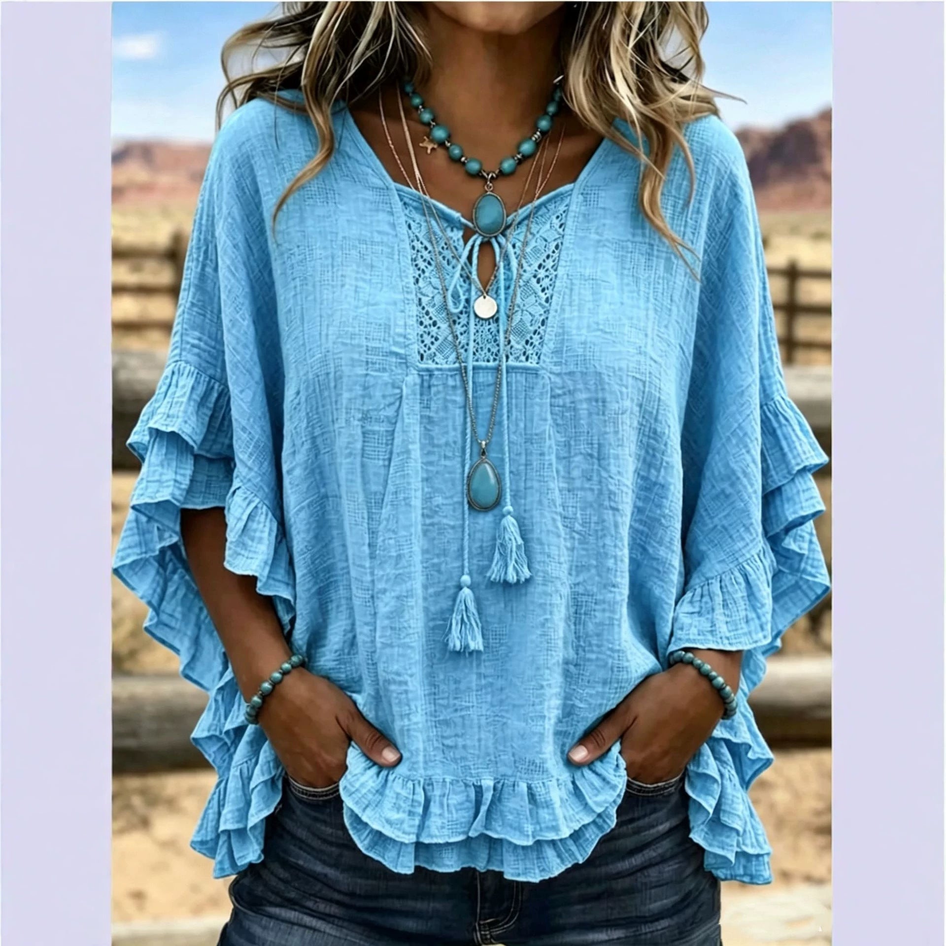 Women's Boho V-Neck Lace-Up Ruffle Sleeve Blouse – Lace Trim
