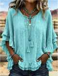 Women's Boho V-Neck Lace-Up Ruffle Sleeve Blouse – Lace Trim