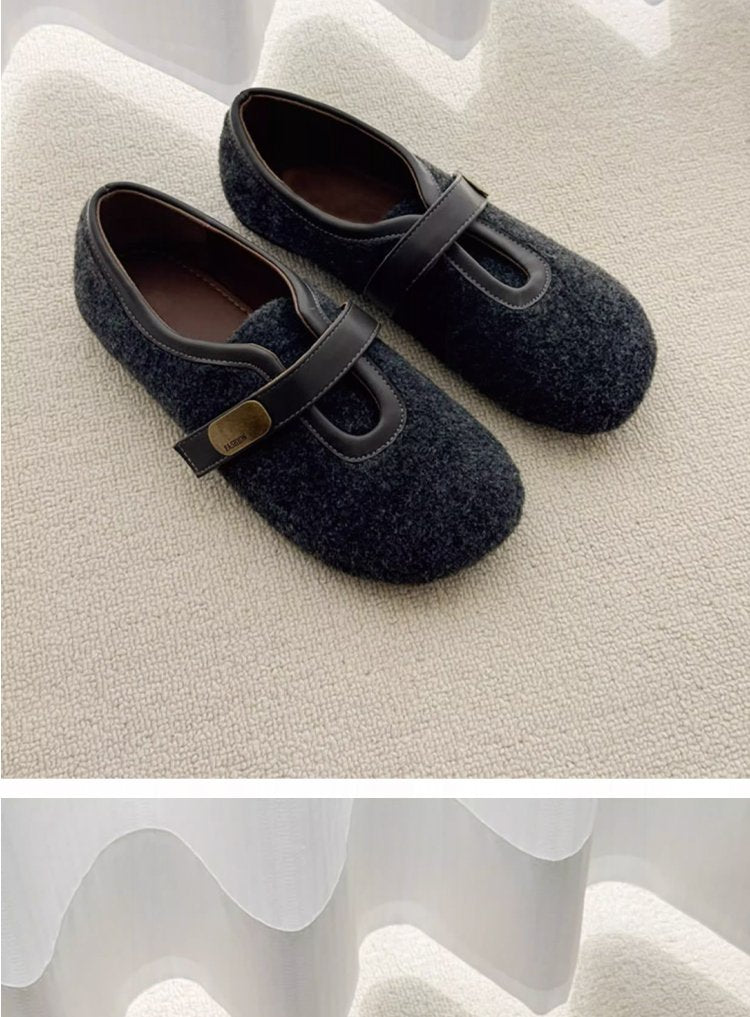 Women's Round Toe Woolen Velcro Ballet Flats