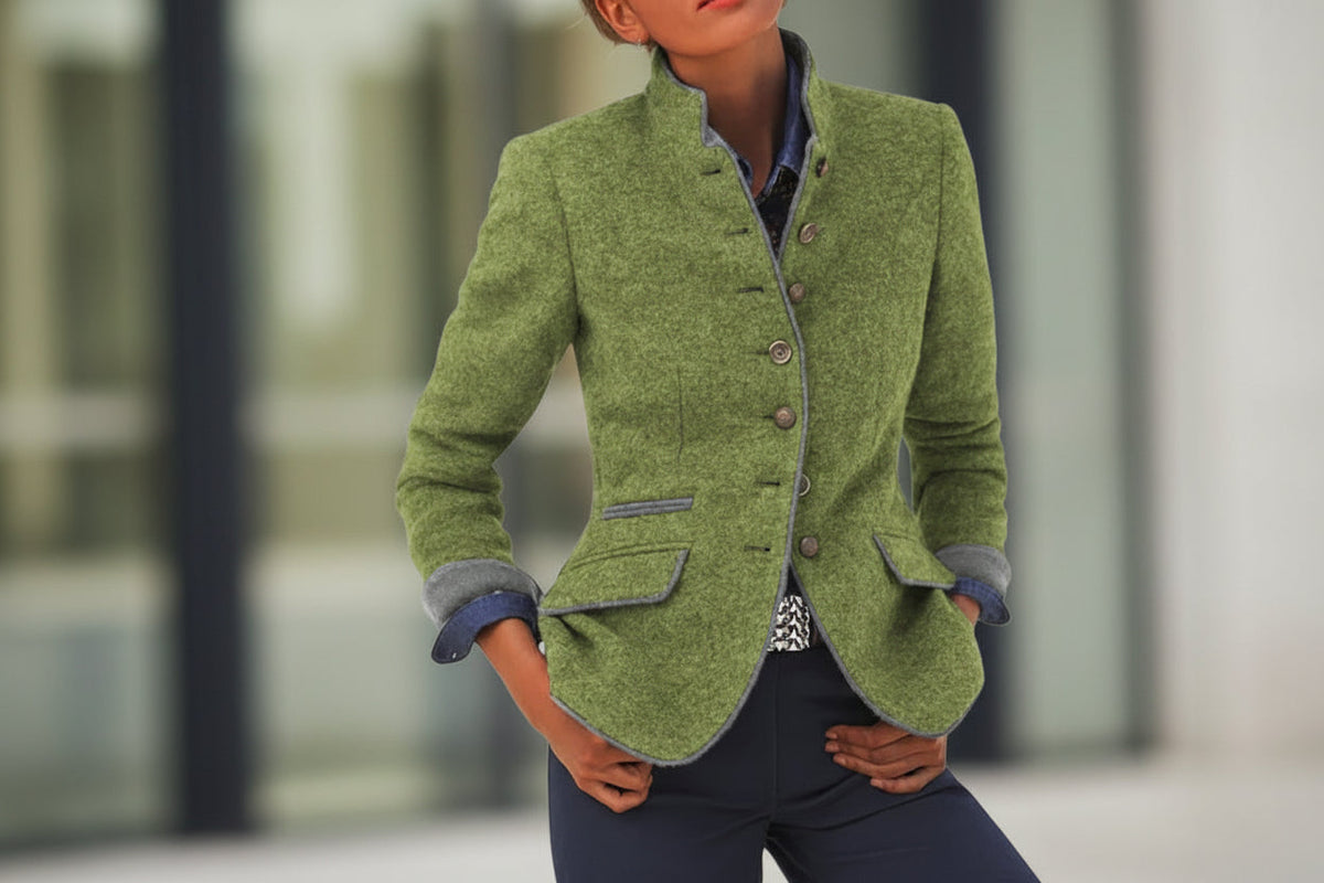 Women’s Color-Block Woolen Jacket – Multi-Button Casual Elegant Coat